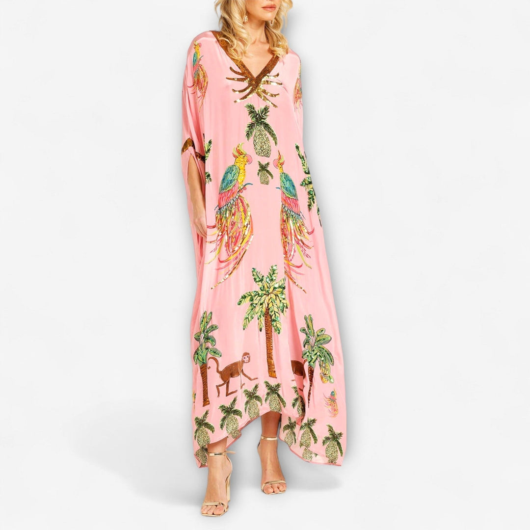 Peyton | Women's Asymmetrical Shoulder Tropical Print Dress - image 4