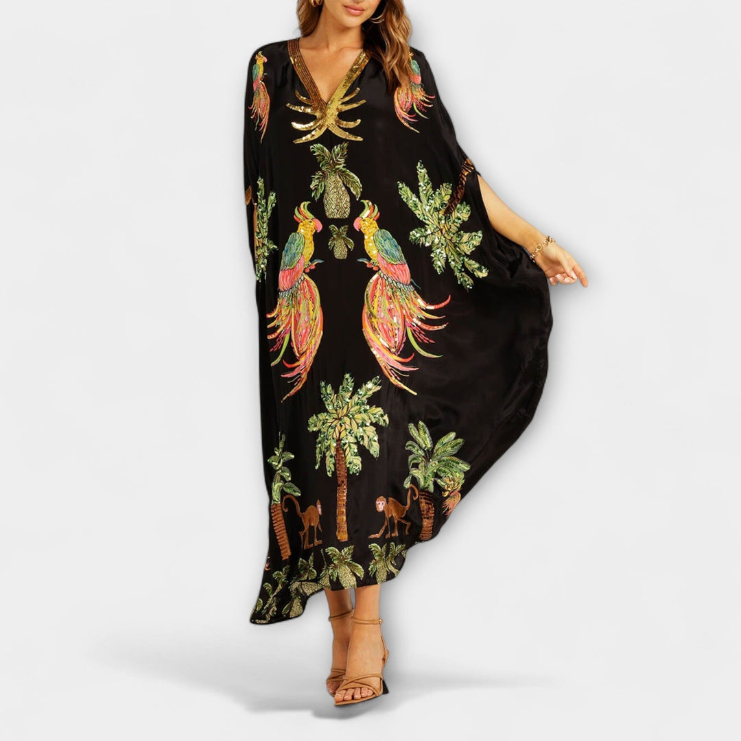 Peyton | Women's Asymmetrical Shoulder Tropical Print Dress - image 7