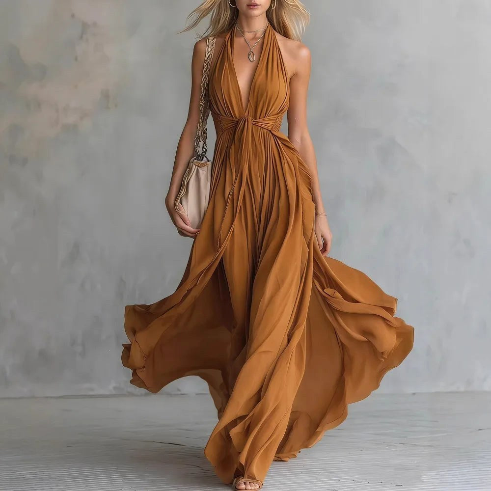 Peyton | Women's Flowy Evening Maxi Dress - Brown
