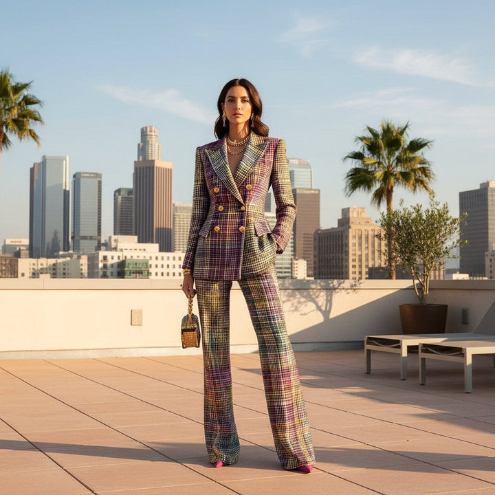 Peyton | Women's Multicolor Plaid Double-Breasted Two-Piece Set - Multicolor