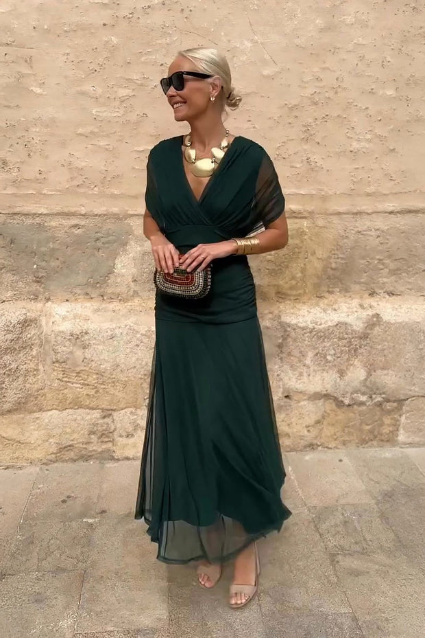 Philippa | Women's V-Neck Party Maxi Dress - Emerald Green