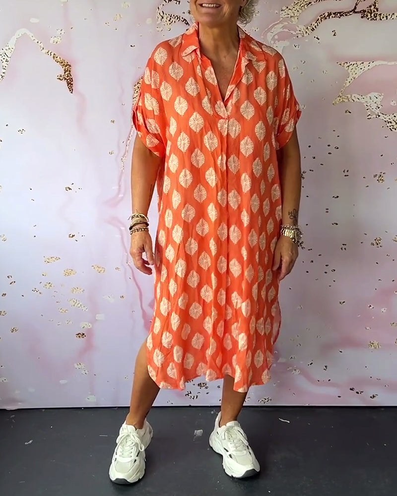 Phoebe | Women's V-Neck Printed Shirt Dress - Oranje