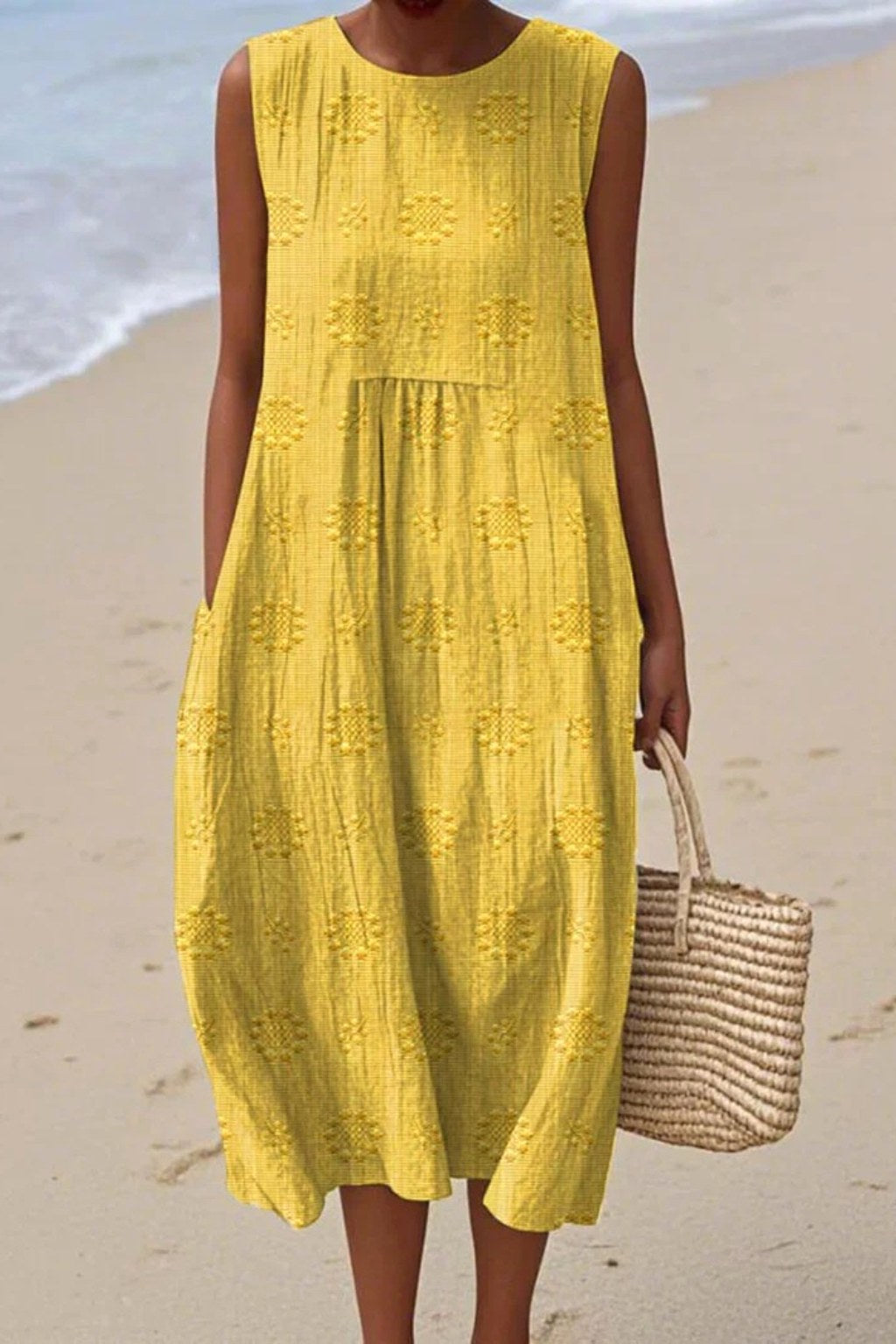 Piper | Women's Sleeveless Embroidered Midi Dress - Yellow