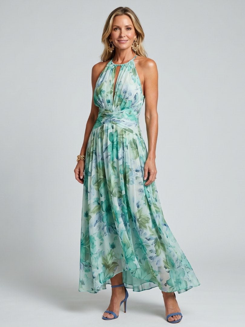 Portia | Women's Halter Pleated Floral Midi Dress - Green