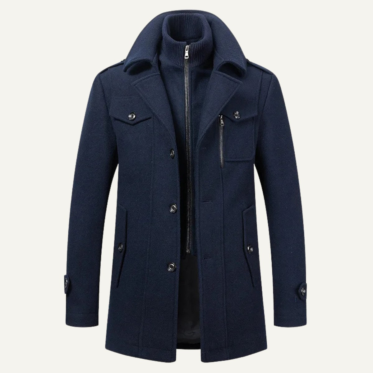 Preston | Men's Double Collar Wool Trench Coat, Tailored Business Coat | Animated Apparel | Navy Blue