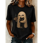 Rachel | Women's Ghost Cat Halloween Graphic Tee, Relaxed Crew Neck T-Shirt | Animated Apparel | Black