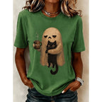 Rachel | Women's Ghost Cat Halloween Graphic Tee, Relaxed Crew Neck T-Shirt | Animated Apparel
