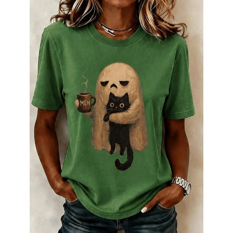 Rachel | Women's Ghost Cat Halloween Graphic Tee, Relaxed Crew Neck T-Shirt | Animated Apparel
