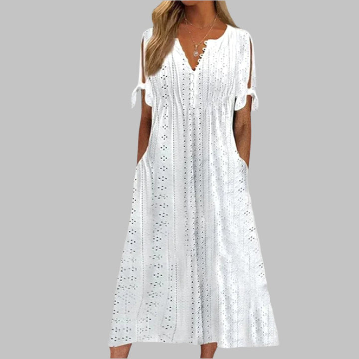 Reagan | Women's Eyelet Cotton Boho Midi Dress - White
