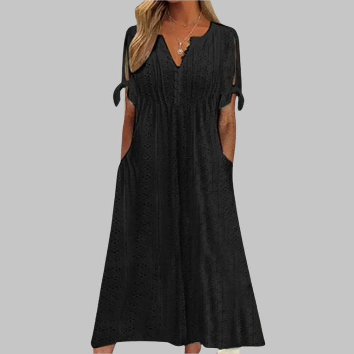 Reagan | Women's Eyelet Cotton Boho Midi Dress - Black