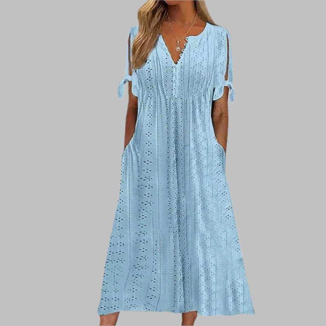 Reagan | Women's Eyelet Cotton Boho Midi Dress - Blue