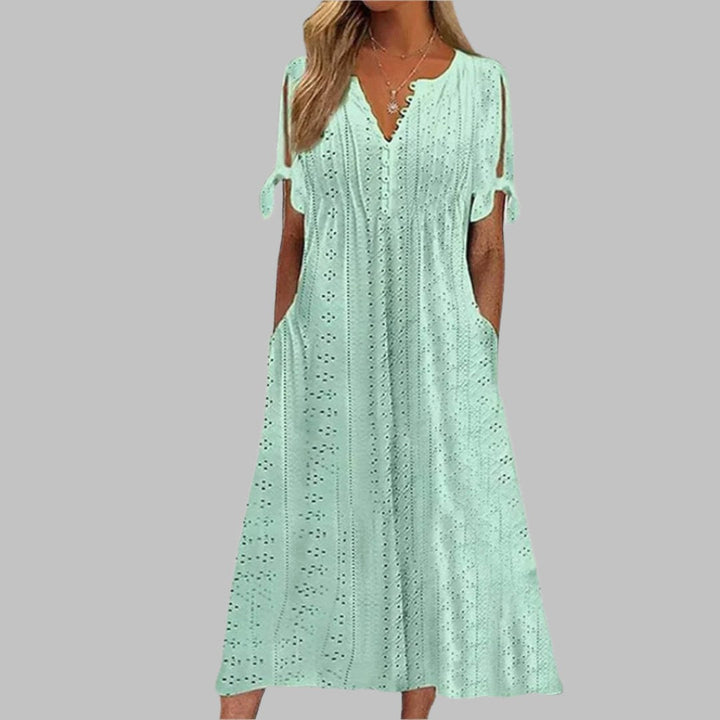Reagan | Women's Eyelet Cotton Boho Midi Dress - Green