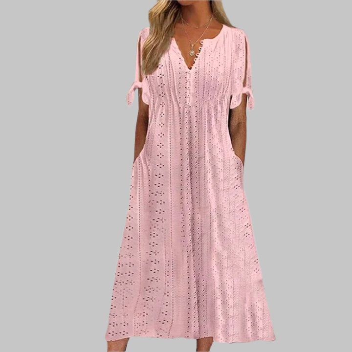 Reagan | Women's Eyelet Cotton Boho Midi Dress - Pink