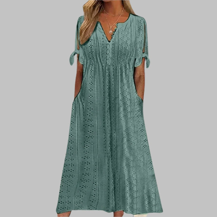Reagan | Women's Eyelet Cotton Boho Midi Dress - Dark green