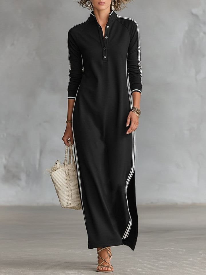 Riley | Women's Button-Down Collar Sweatshirt Maxi Dress - Black