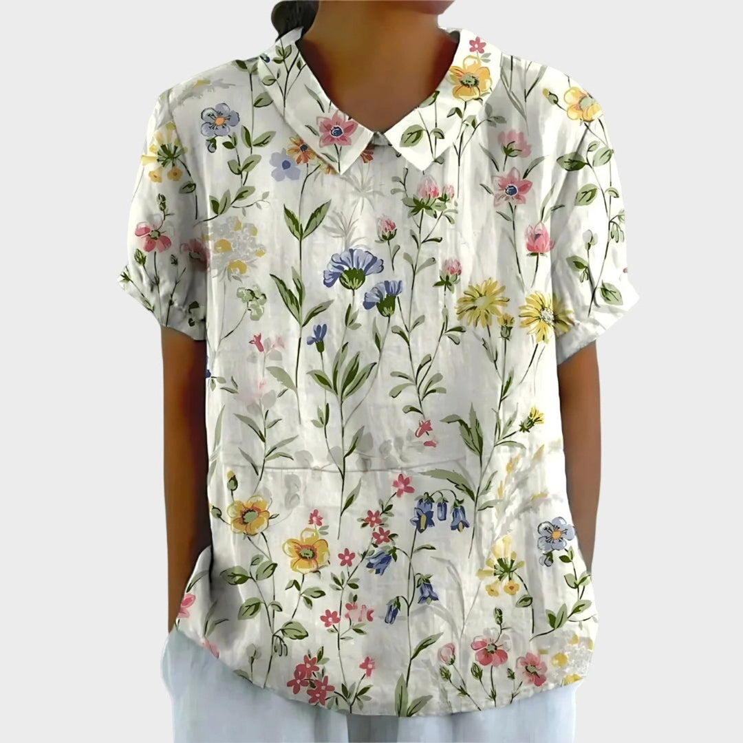 Riley | Women's Linen Floral Print Short Sleeve Blouse - White