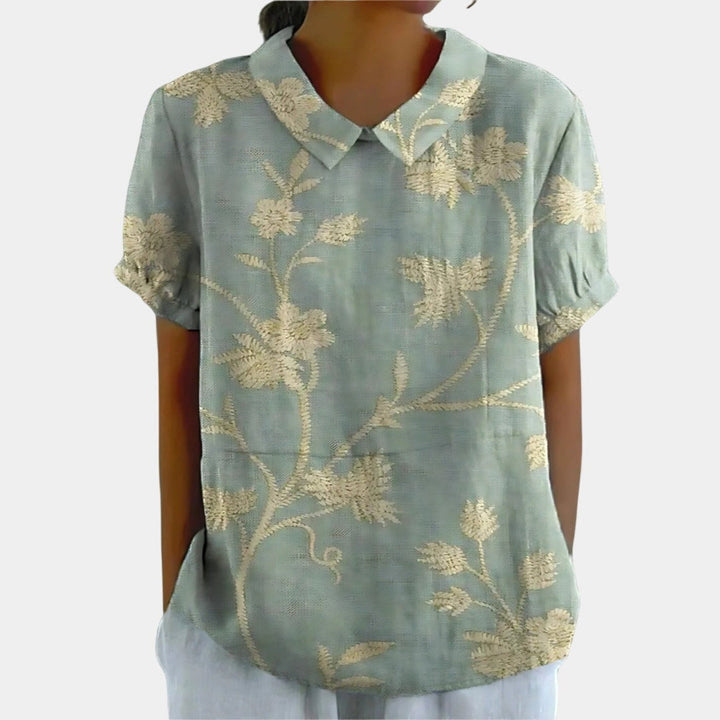 Riley | Women's Linen Floral Print Short Sleeve Blouse - Sage Green 3