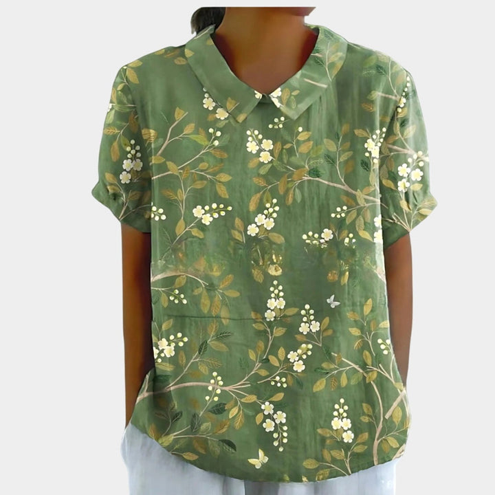Riley | Women's Linen Floral Print Short Sleeve Blouse - Green
