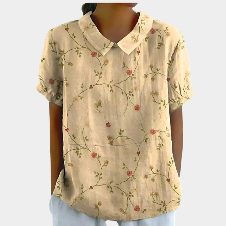Riley | Women's Linen Floral Print Short Sleeve Blouse - Light Yellow