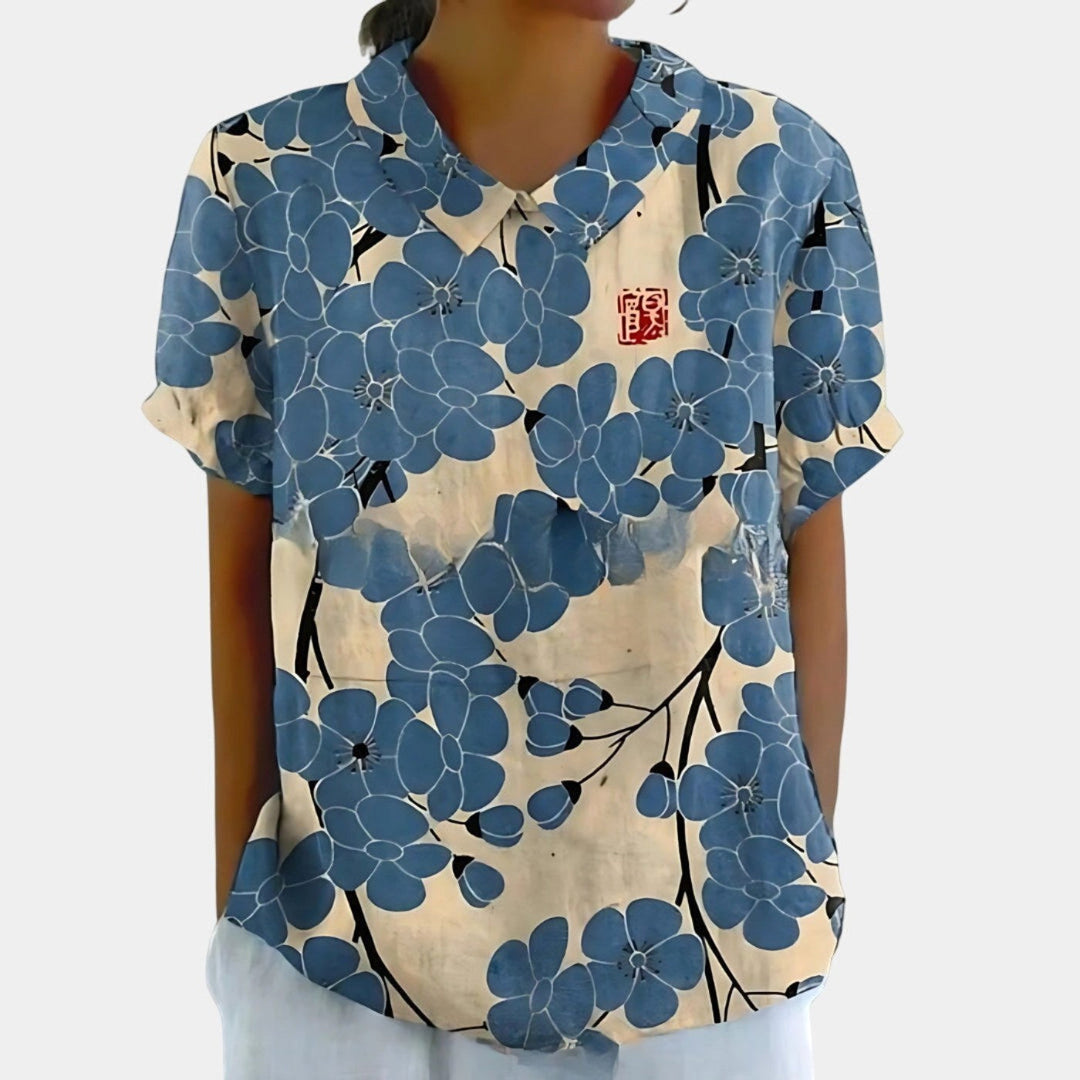 Riley | Women's Linen Floral Print Short Sleeve Blouse - Dusty Blue