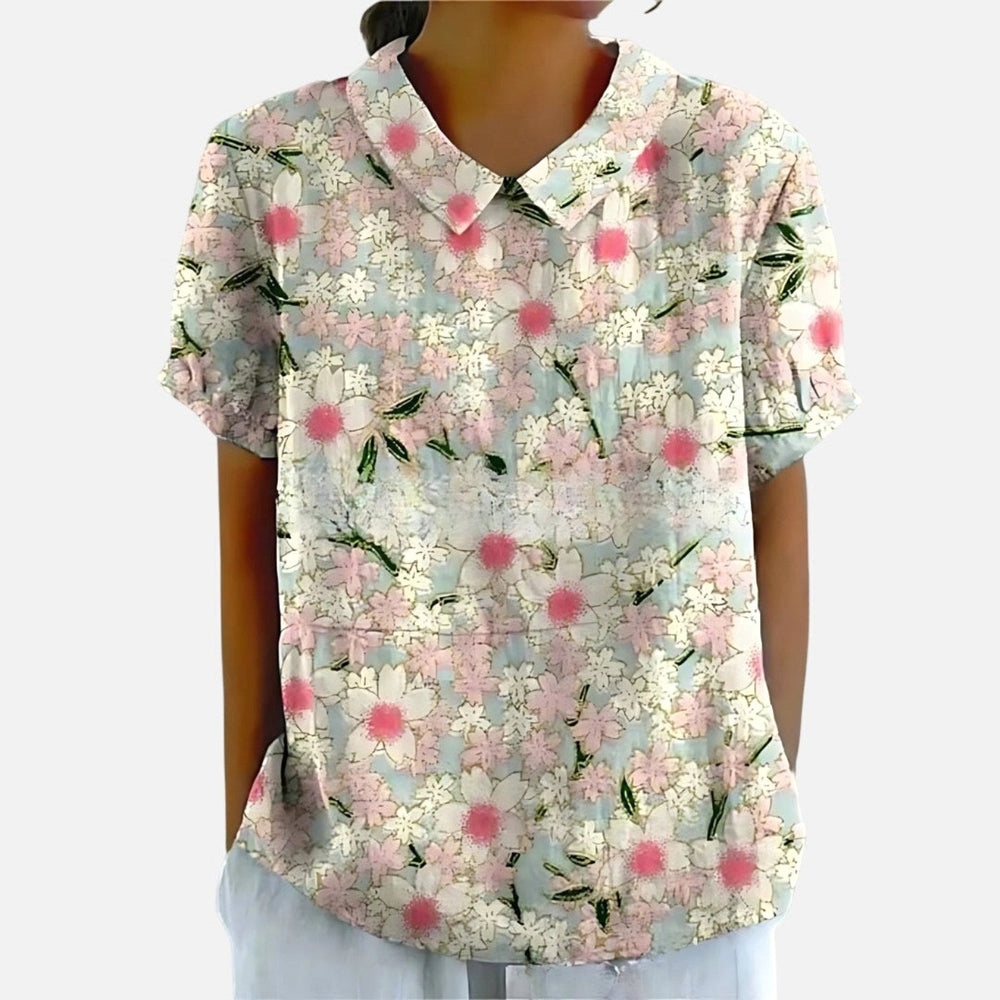 Riley | Women's Linen Floral Print Short Sleeve Blouse - White 2