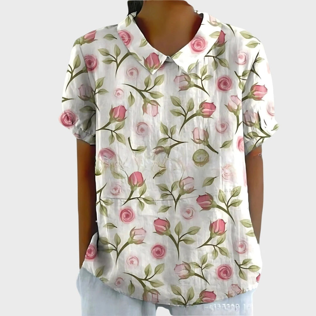 Riley | Women's Linen Floral Print Short Sleeve Blouse - White 3