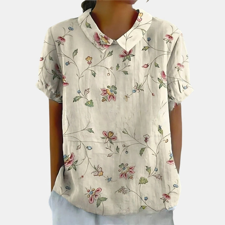 Riley | Women's Linen Floral Print Short Sleeve Blouse - White 4