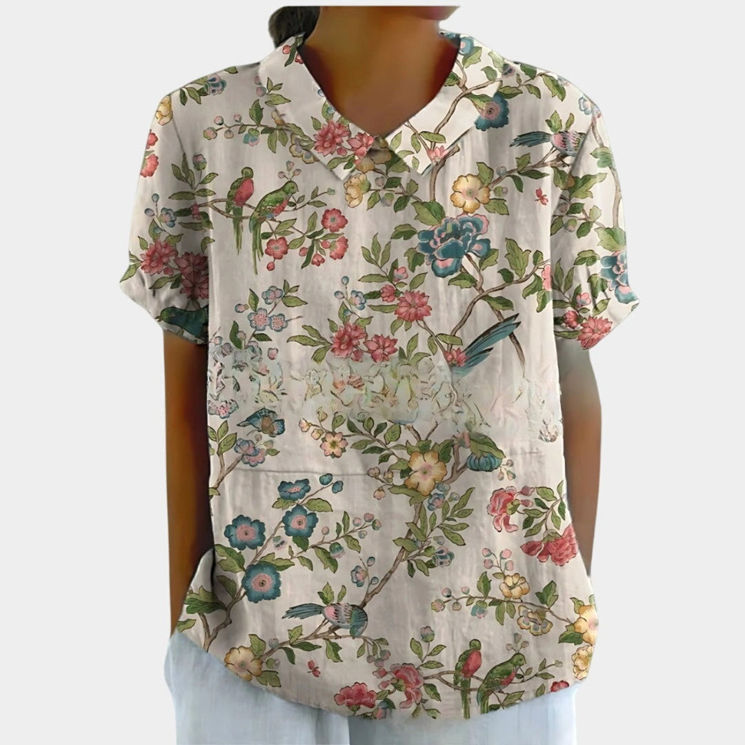 Riley | Women's Linen Floral Print Short Sleeve Blouse - White 5