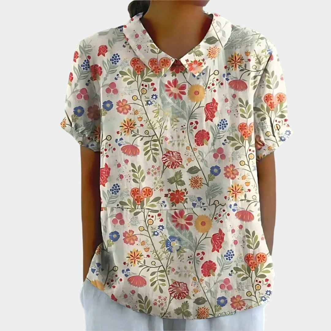 Riley | Women's Linen Floral Print Short Sleeve Blouse - White 6