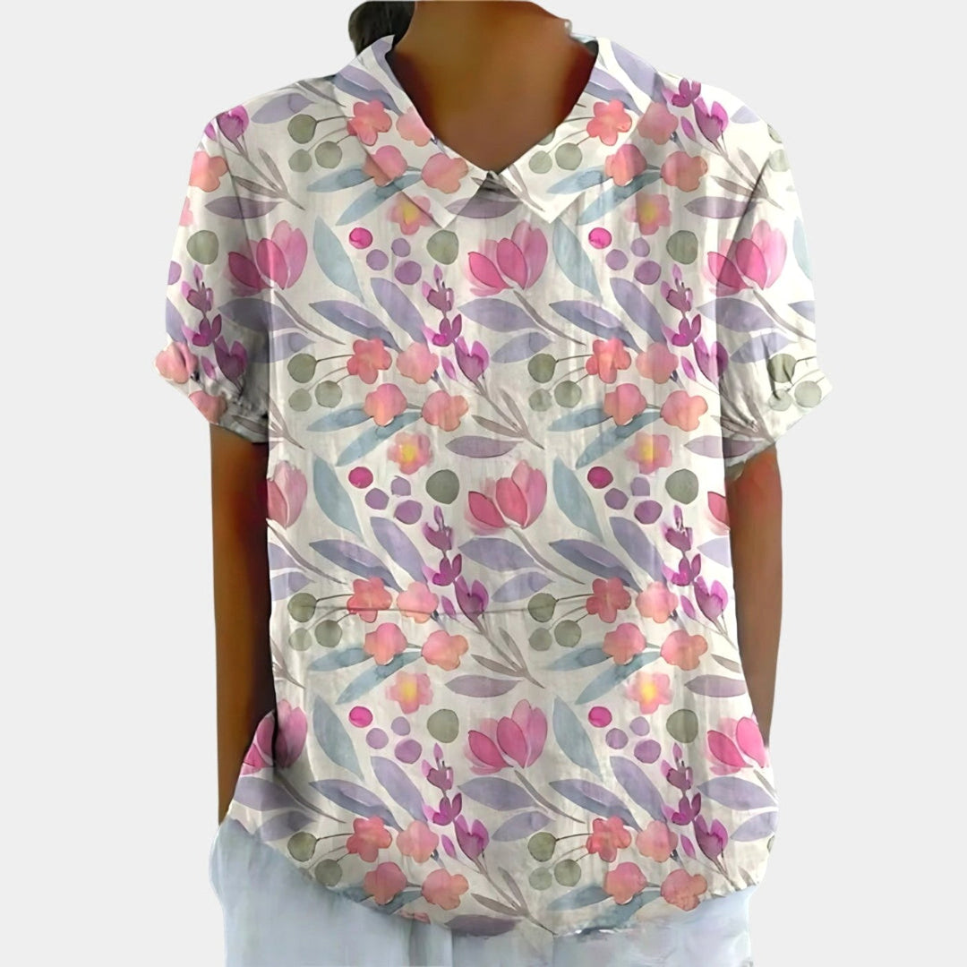 Riley | Women's Linen Floral Print Short Sleeve Blouse - White 7