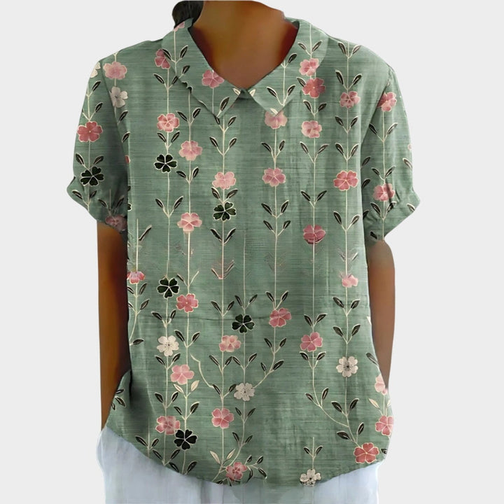 Riley | Women's Linen Floral Print Short Sleeve Blouse - Sage Green