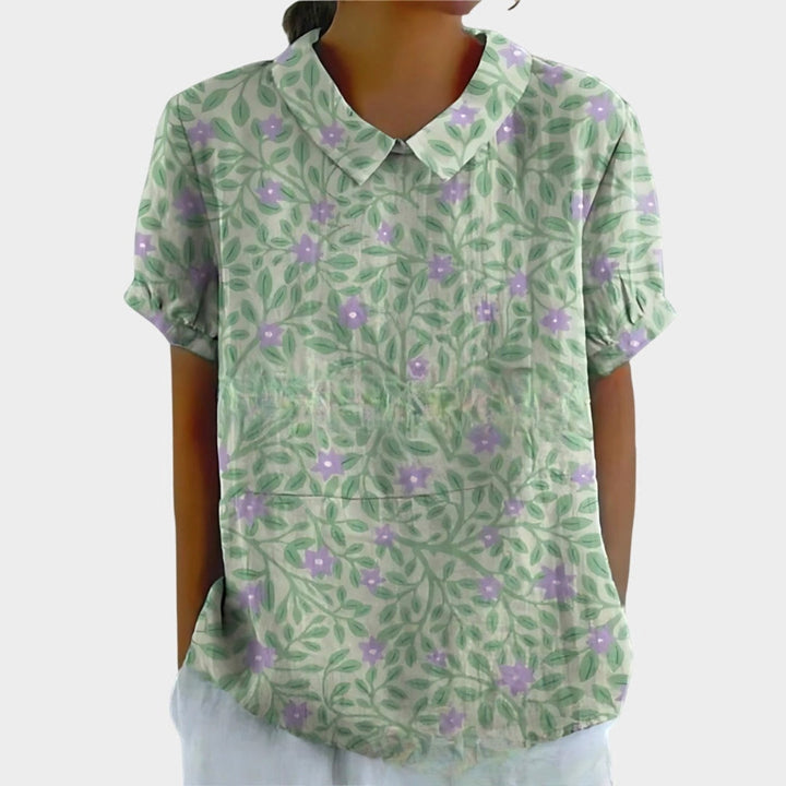 Riley | Women's Linen Floral Print Short Sleeve Blouse - Sage Green 2