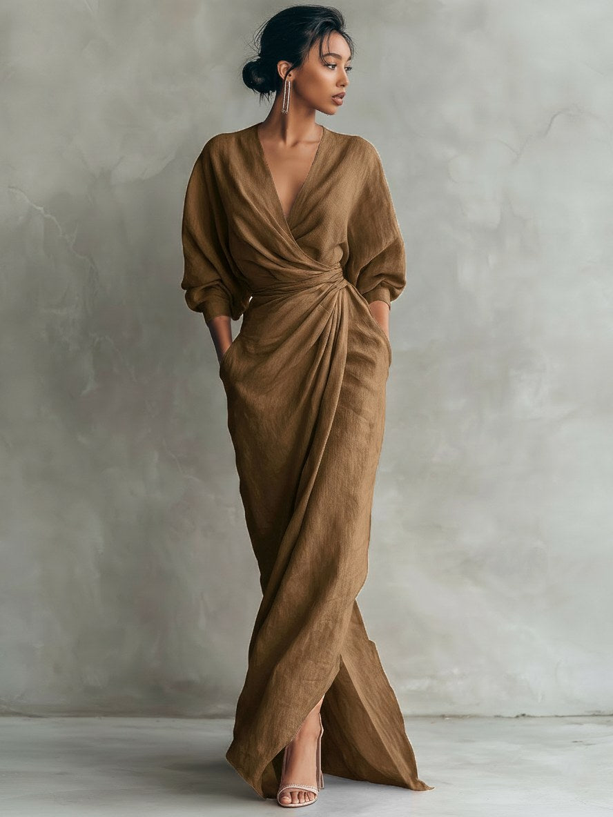 Riley | Women's Pink V-Neck Linen Blend Maxi Dress - Black