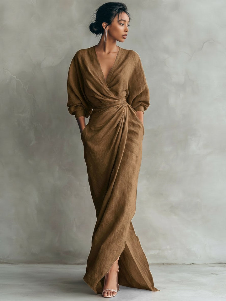 Riley | Women's Pink V-Neck Linen Blend Maxi Dress - Black