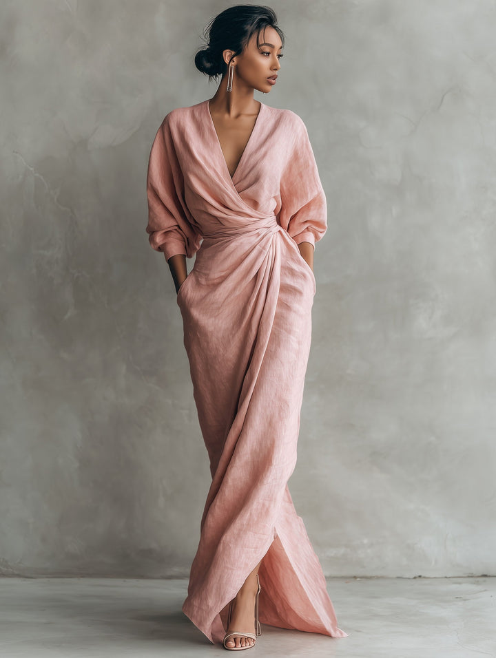Riley | Women's Pink V-Neck Linen Blend Maxi Dress - image 5