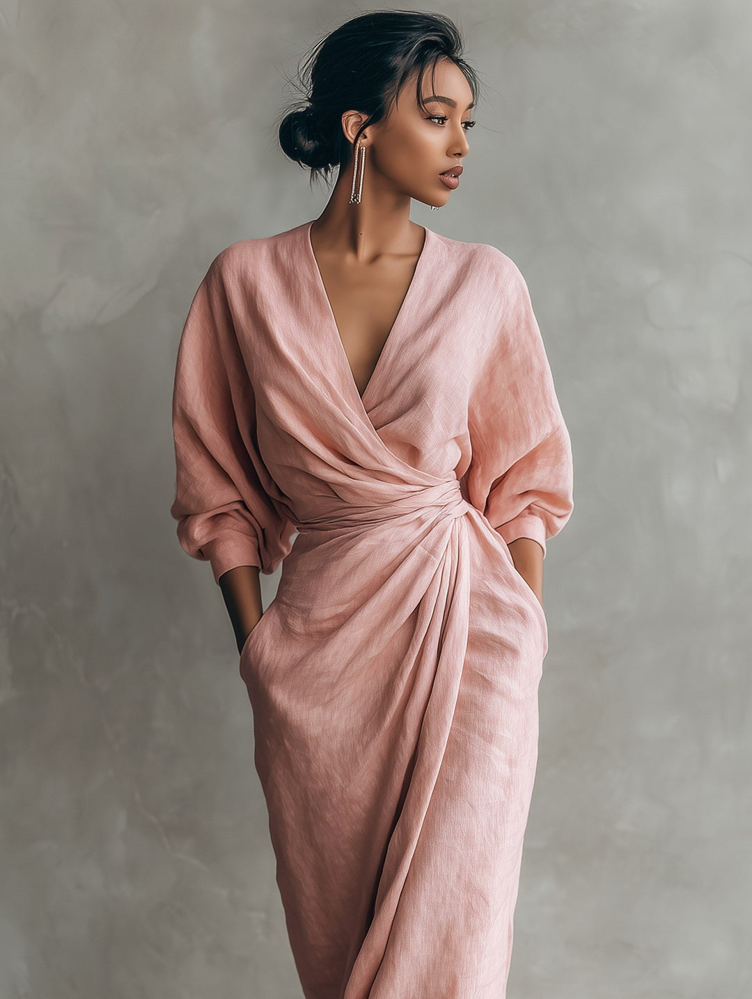 Riley | Women's Pink V-Neck Linen Blend Maxi Dress - image 6