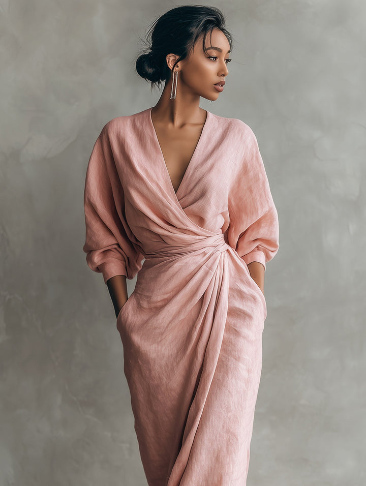 Riley | Women's Pink V-Neck Linen Blend Maxi Dress - image 6