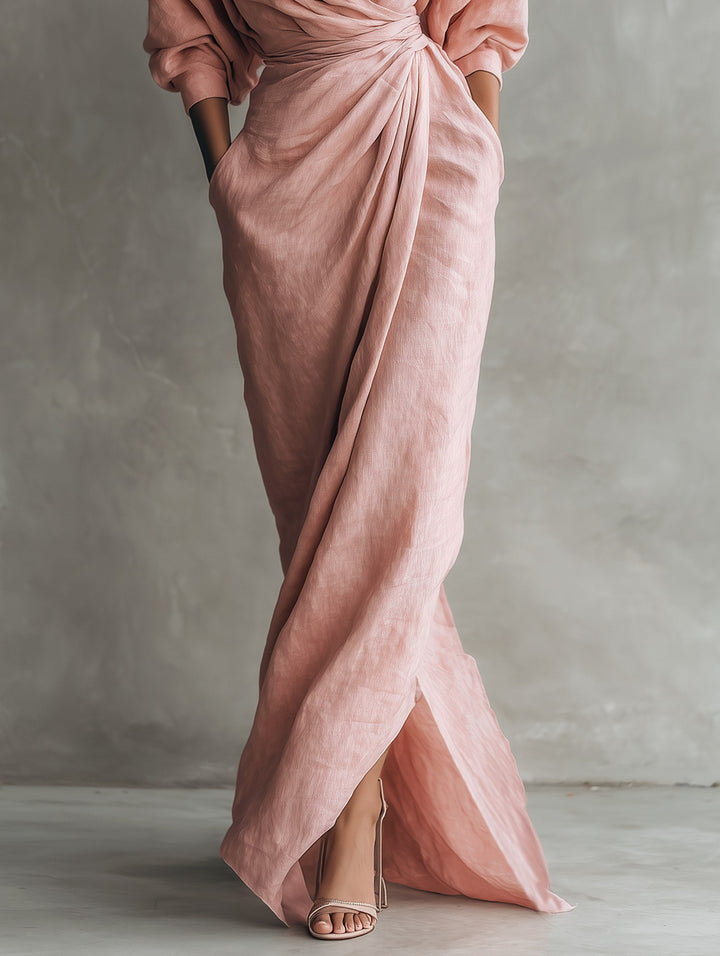 Riley | Women's Pink V-Neck Linen Blend Maxi Dress - image 7
