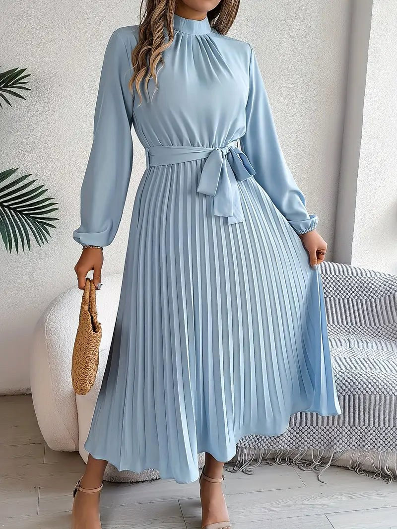Rosalie | Women's Long Sleeve Pleated Belted Dress - Light Blue