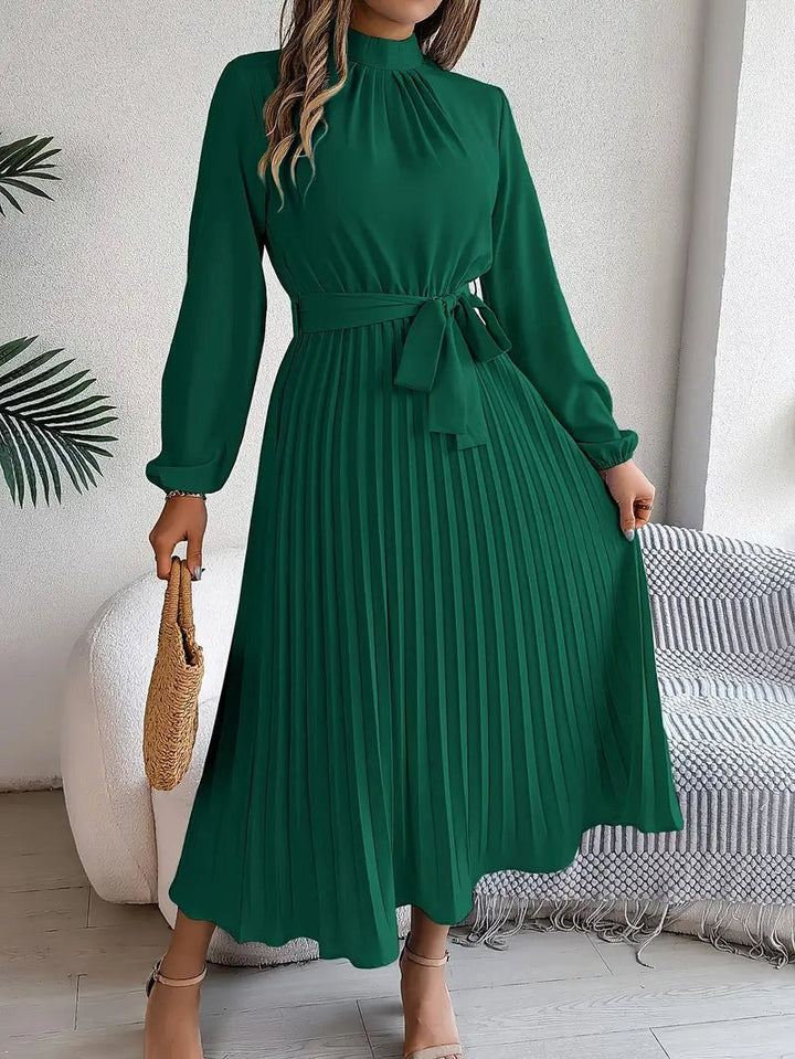Rosalie | Women's Long Sleeve Pleated Belted Dress - Burgundy