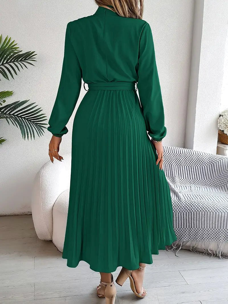 Rosalie | Women's Long Sleeve Pleated Belted Dress - Pink