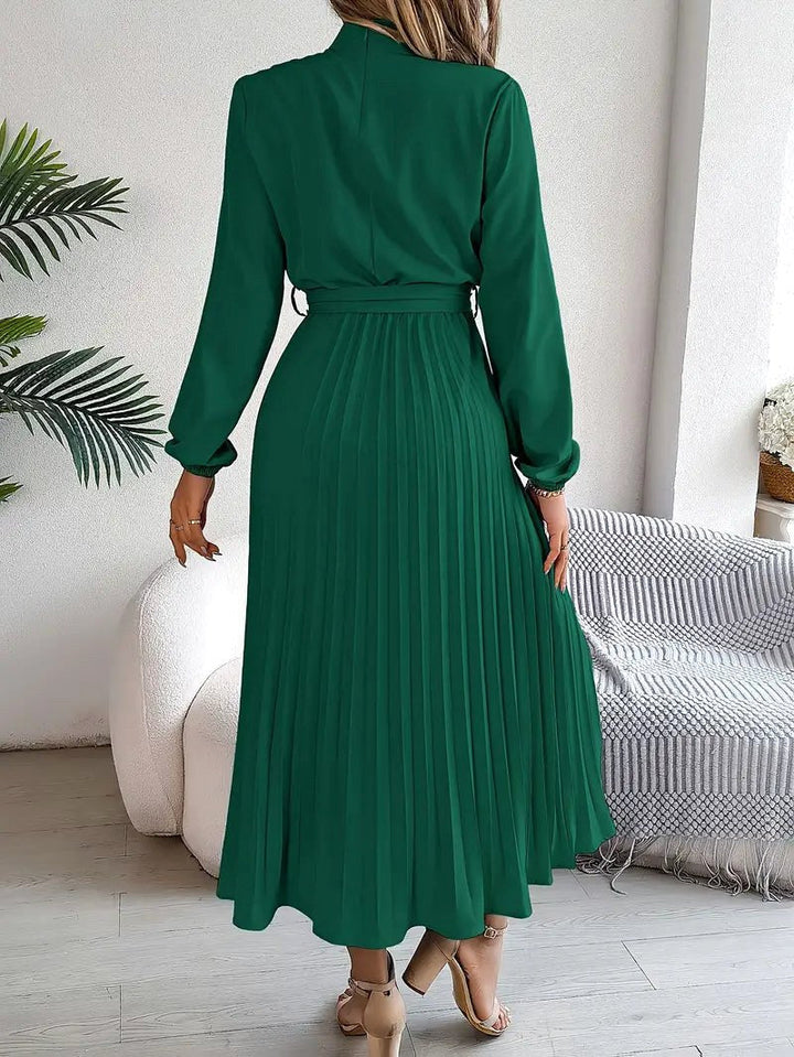 Rosalie | Women's Long Sleeve Pleated Belted Dress - Pink
