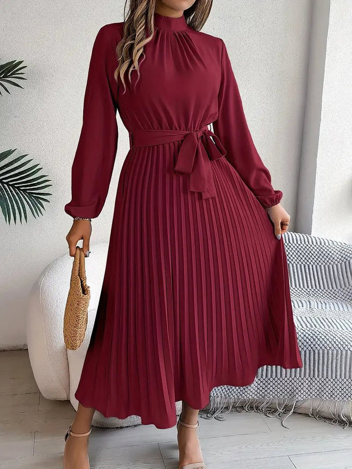 Rosalie | Women's Long Sleeve Pleated Belted Dress - Khaki