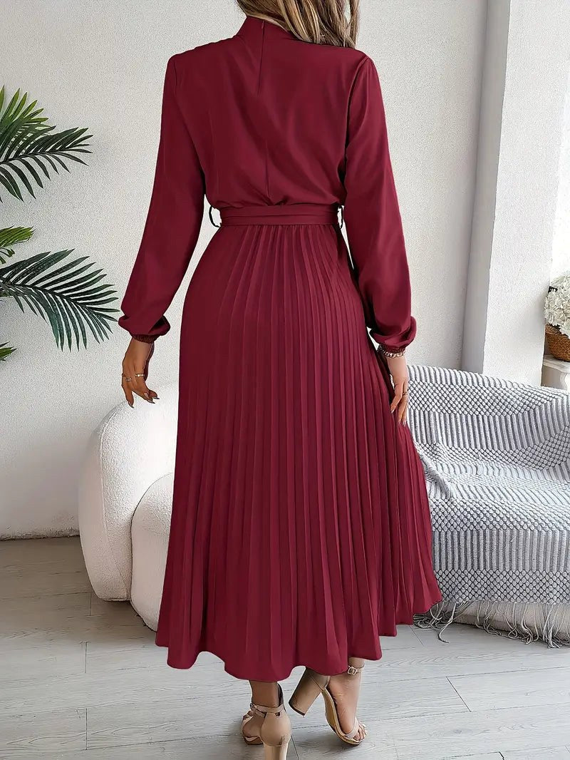 Rosalie | Women's Long Sleeve Pleated Belted Dress - Black