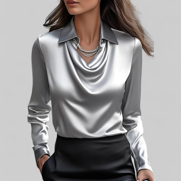 Rose | Women's Draped Neck Long Sleeve Satin Blouse - Black