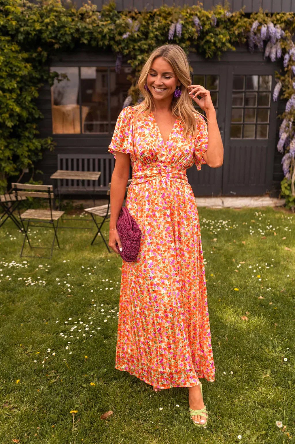 Roselyn | Women's Short Sleeve Floral Maxi Dress - Orange