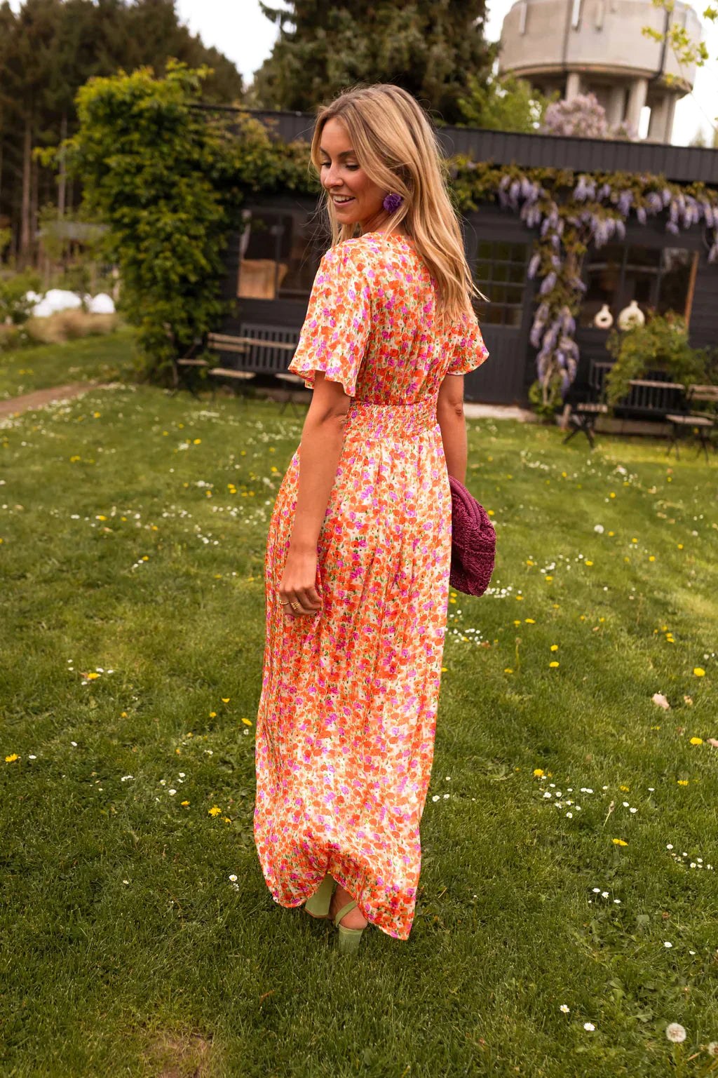 Roselyn | Women's Short Sleeve Floral Maxi Dress - Pink