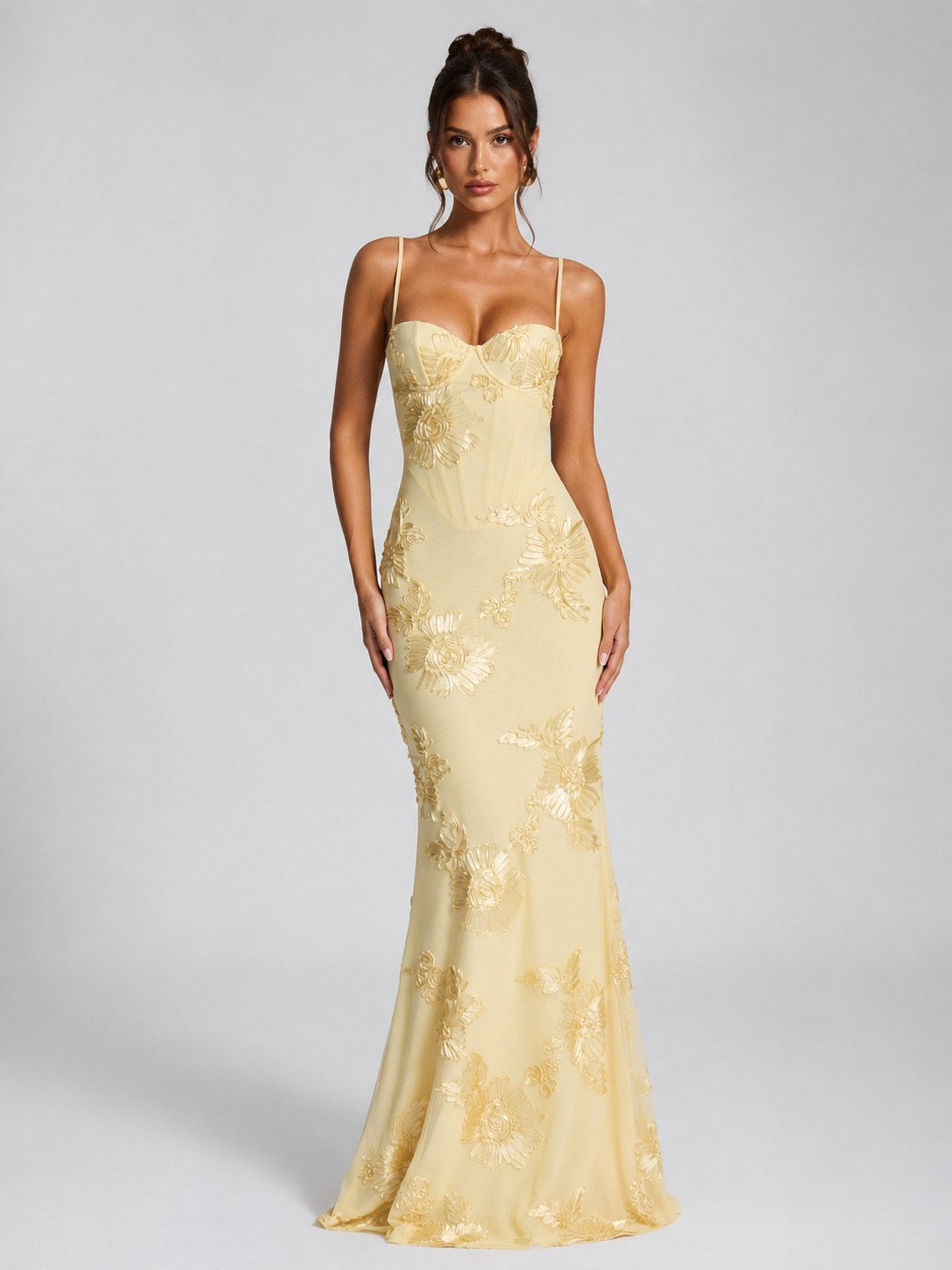 Rosie | Women's Floral Corset Maxi Dress, Sculpted Occasion Dress | Animated Apparel | Yellow