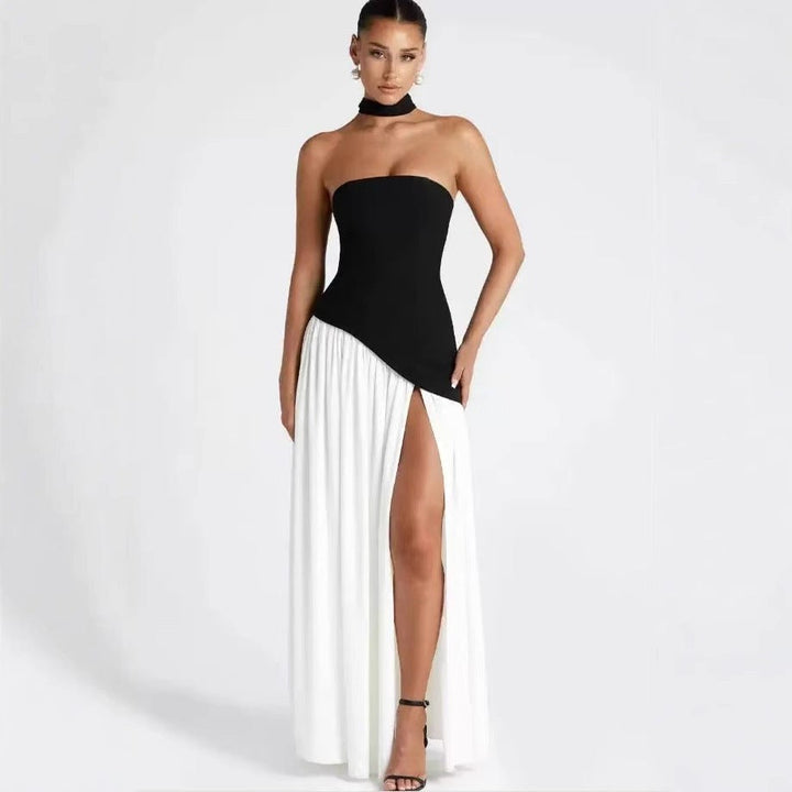 Sabine | Women's Strapless Maxi Dress with Leg Split, Formal Wedding Guest Dress | Animated Apparel | Blue