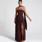 Sabine | Women's Strapless Maxi Dress with Leg Split, Formal Wedding Guest Dress | Animated Apparel | Red